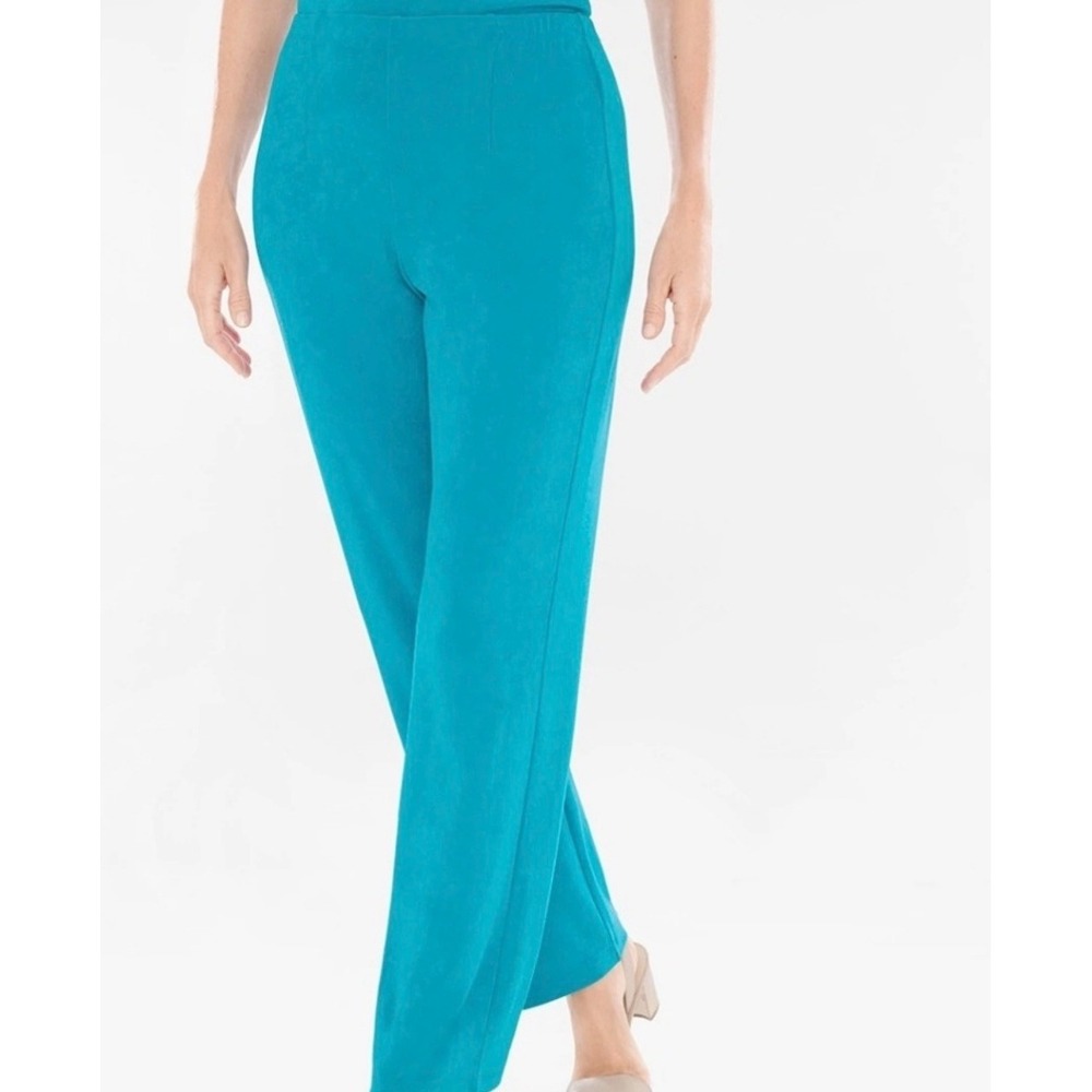 Chicos Travelers No Tummy Pant Cozumel Blue Slinky Knit Straight Leg 3 16 NWT
